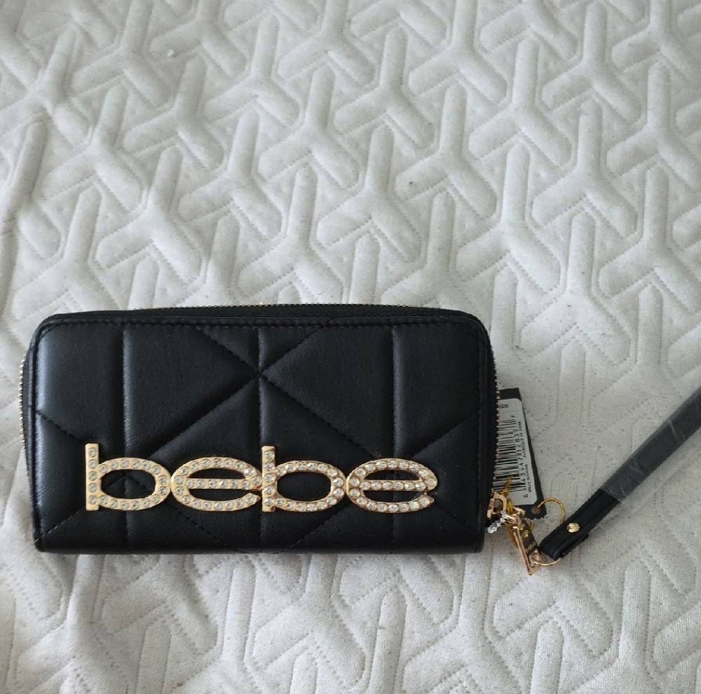 Bebe Black Quilted Wallet with Gold Logo